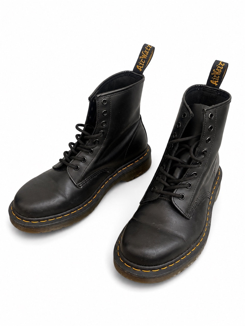 Dr. Martens Black Leather Lace-Up Boots with Yellow Stitching